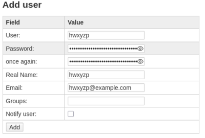 A dokuwiki "Add user" form, but the data is filled in